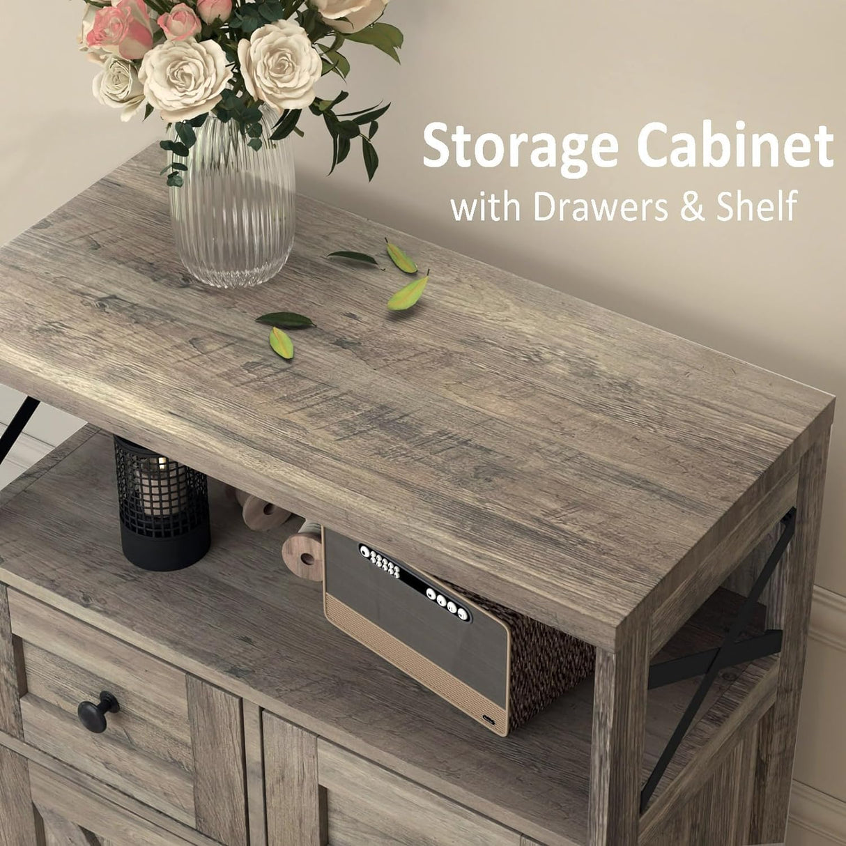 Farmhouse Storage Cabinet with Barn Doors and Open Shelf, Kitchen Pantry with Storage, Coffee Bar Station, Freestanding Cupboard Hutch Cabinet for Kitchen, Dinning Room, Livingroom, Grey FiveWillowise