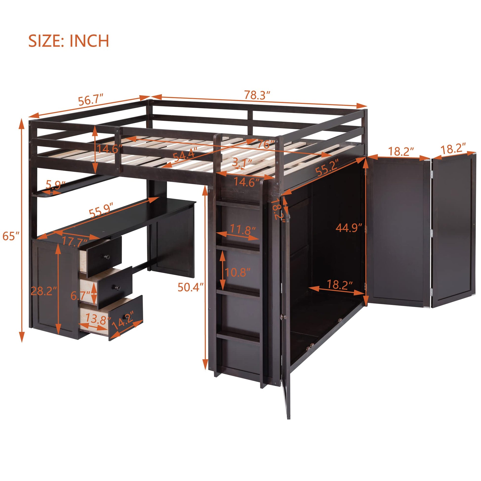 Okak Espresso Multifunctional Full Loft Bed with Desk, Drawers, and Safety Guardrail - WoodArtSupply