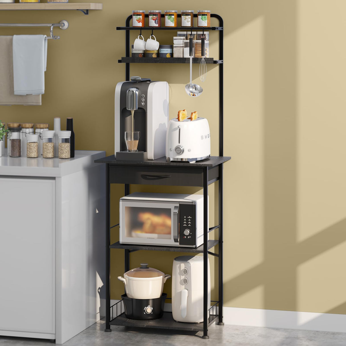 Homsorout Coffee Bar Station - Bakers Rack with Fabric Drawer, Microwave Oven Storage Stand, Bakers Rack for Coffee Stand Station, Home Kitchen Organizer, Black Homsorout