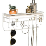 JackCubeDesign Hanging Jewelry Organizer with 9 Hooks, Wall Mount Necklace Earring Bracelet Sunglass Holder with Wood Shelf (White Metal) - MK237D J JACKCUBE DESIGN