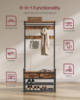 VASAGLE Hall Tree with Bench and Shoe Storage, Entryway Coat Rack with Shoe Bench, 2 Fabric Drawers, 10 Hooks, 11.8 x 31.7 x 71.5 Inches, Vintage Brown and Ink Black UHSR429B01 VASAGLE