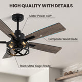 Dawn Whisper 52 Inch Farmhouse Ceiling Fans with Lights and Remote Quiet and Reversible DC Motor Black Industrial Rustic Caged Ceiling Fan for Bedroom Living Room Covered Patio Dawn Whisper