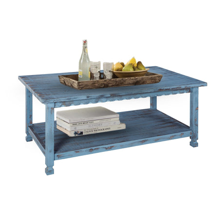 Rustic Rectangular Coffee Table, 42 in. W x 24 in. D x 18 in. H, Living Room Blue Antique, W/ (1) 36 in. W x 18 in. D x 10 in. H Shelf, Farmhouse/Cottage Style, Select Hardwood/Construction Alaterre Furniture