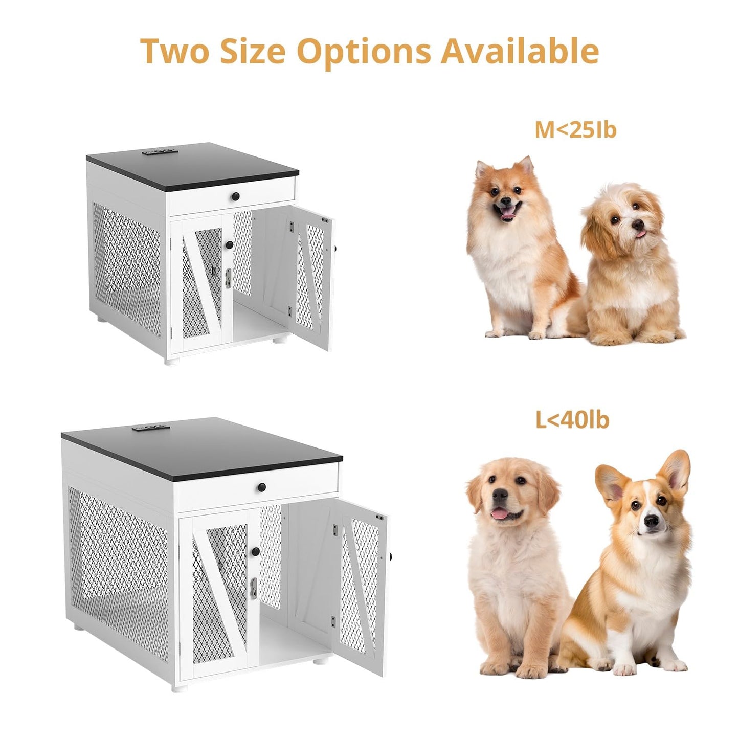 VOWNER Dog Crate Furniture, Wooden Dog Kennel End Table with USB Charging Station, Storage Drawer, Double Latched Door, Furniture-Style Crate Side Table for Small Dogs Under 25 lbs Indoor Use - WoodArtSupply