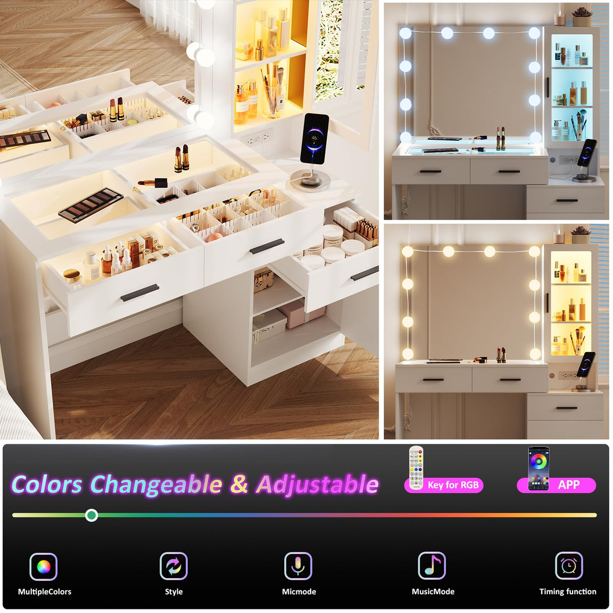 Fameill Makeup Vanity Glass Top with Lights, White Vanity Desk with Mirror & Charging Station, Vanity Table Set with RGB Lights, Large Mirror with 3 Lighting Modes, 3 Drawers & 2 Cabinets, 43in(L) Fameill