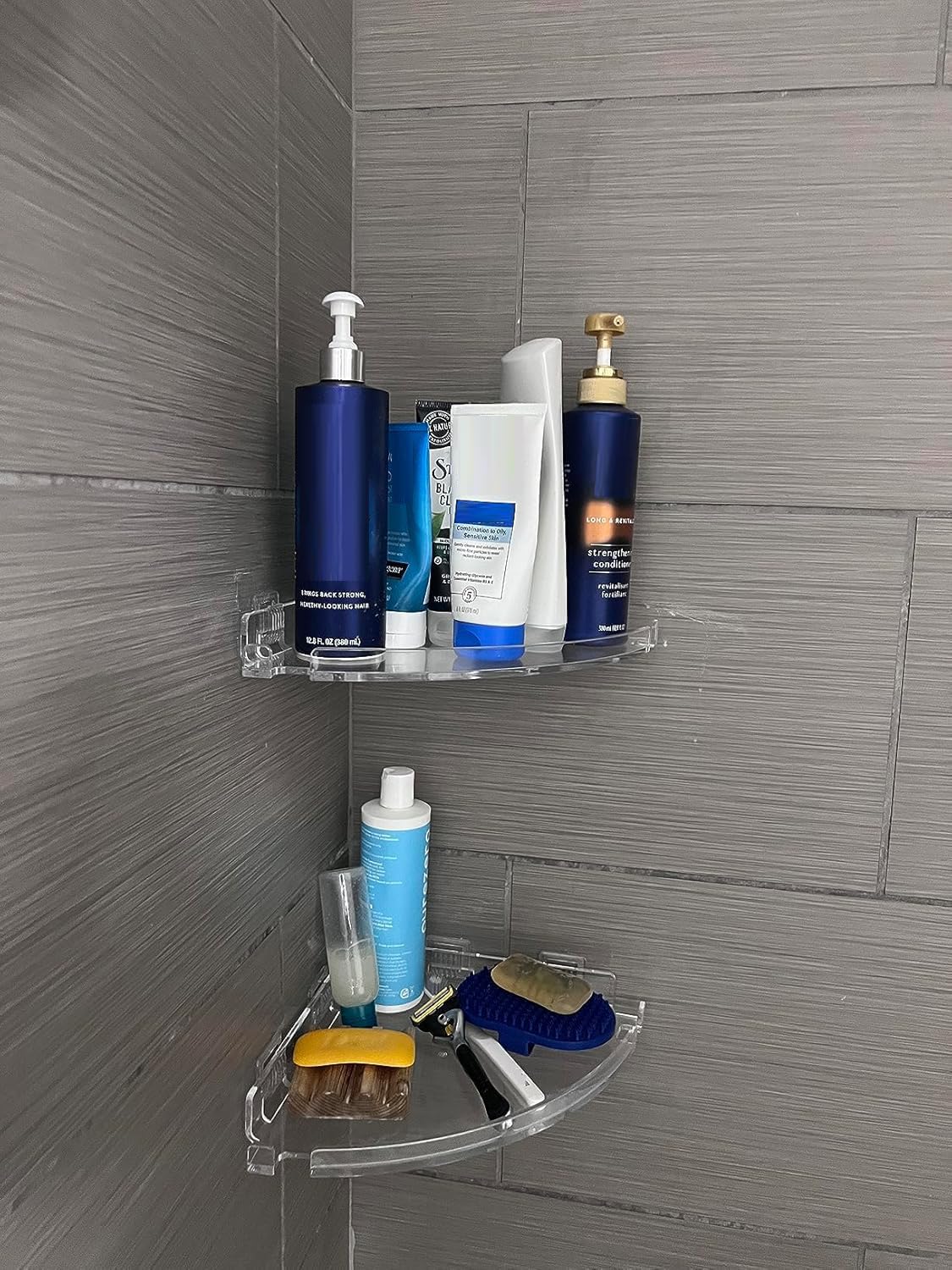 JiePai Acrylic Corner Shower Caddy Shelf with Hooks 2 Pack, Adhesive Wall Mounted Bathroom Shower Organizer for Inside Shower & Kitchen Storage, Space-Saving Design JiePai
