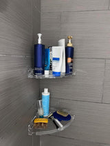 JiePai Acrylic Corner Shower Caddy Shelf with Hooks 2 Pack, Adhesive Wall Mounted Bathroom Shower Organizer for Inside Shower & Kitchen Storage, Space-Saving Design JiePai