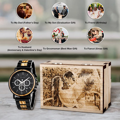 2win Mens Personalized Engraved Wooden Watches Custom Anniversary Birthday Wooden Watches for Him Husband Boyfriend Dad Son Christmas Watch - WoodArtSupply