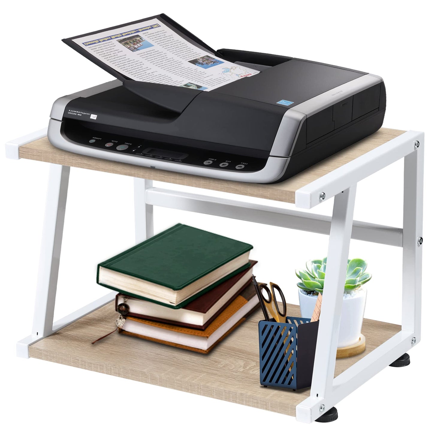 BETTAHOME 2 Tier Desktop Printer Stand with Storage Shelf, Heavy Duty, Ideal for Small Spaces, Light Wood Color BT022B