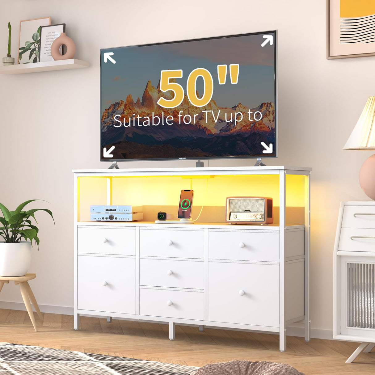 Yoobure LED TV Stand for Bedroom, 50 Inch Kids Dresser with Power Outlets, 7 Drawers Entertainment Center with Storage Shelf, TV Stands Dresser for Bedroom, Living Room, TV Console Entertainment Stand Yoobure