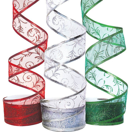 Christmas Ribbon for Gift Wrapping Ribbons Wired 1.5 Inch Set of Ribbon Wire Red Green Silver/White Sheer Organza Glitter Gift Wrap Xmas Tree Decoration Holiday Craft Gifts 30 Yards / 10 Yard Ea. Roll OLYPHAN