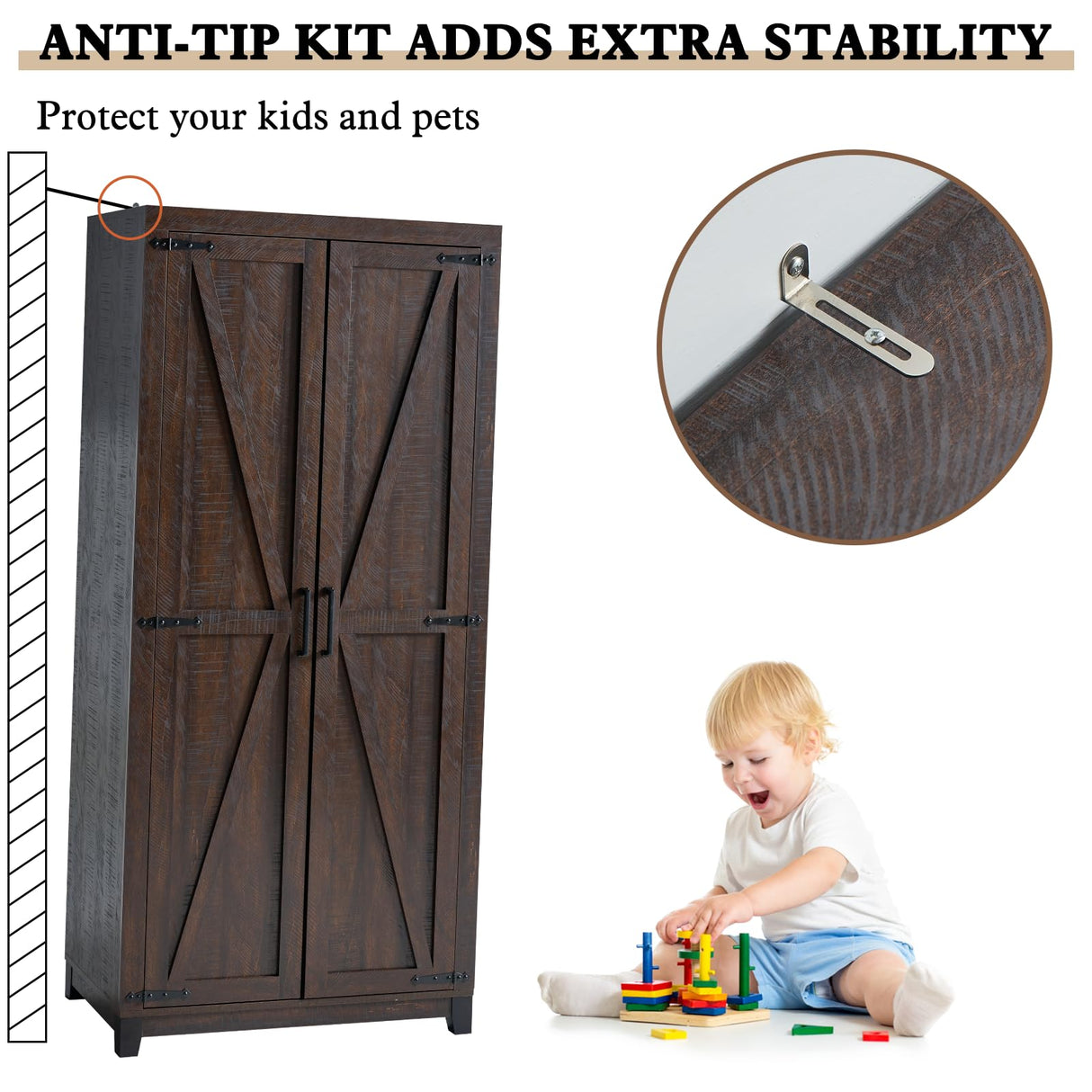 LUXOAK 70" Large Armoire Wardrobe Closet with Hanging Rod, Farmhouse Clothing Storage Cabinet with 2 Barn Doors, Wooden Tall Bedroom Armoires with Shelf, Espresso LUXOAK