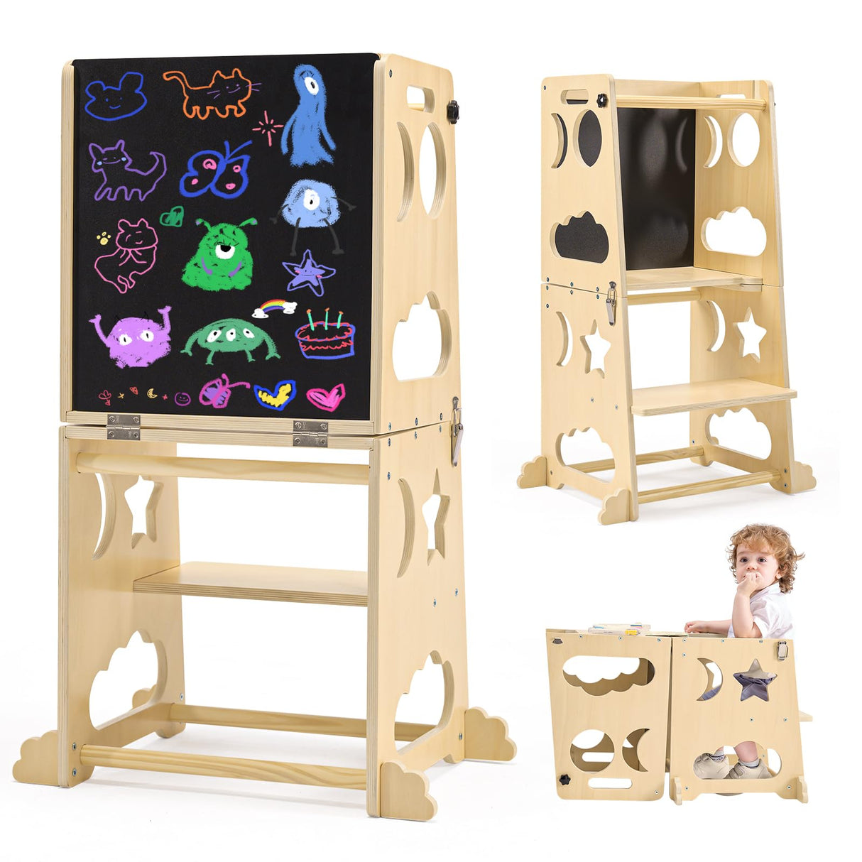 Toddler Kitchen Stool Helper, 4 in 1 Toddler Standing Tower Collapsible Kids Step Stool, Child Standing Tower for Toddlers 1-3 with Safety Rails Yojoker