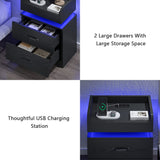 Black Nightstand with Charging Station, Night Stand with LED Lights, Modern Led End Table Nightstand for Bedroom, Bedside Table with 2 Drawers, Bed Side Table with Storage for Living Room 4ever2buy