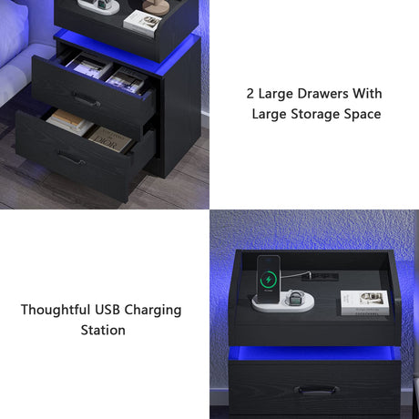 4ever2buy Nightstand Set of 2, Black Nightstand with Charging Station, Led Night Stand with 2 Drawer, Modern Bed Side Table with LED Strip Lights, Bedside End Table for Bedroom Living Room 4ever2buy