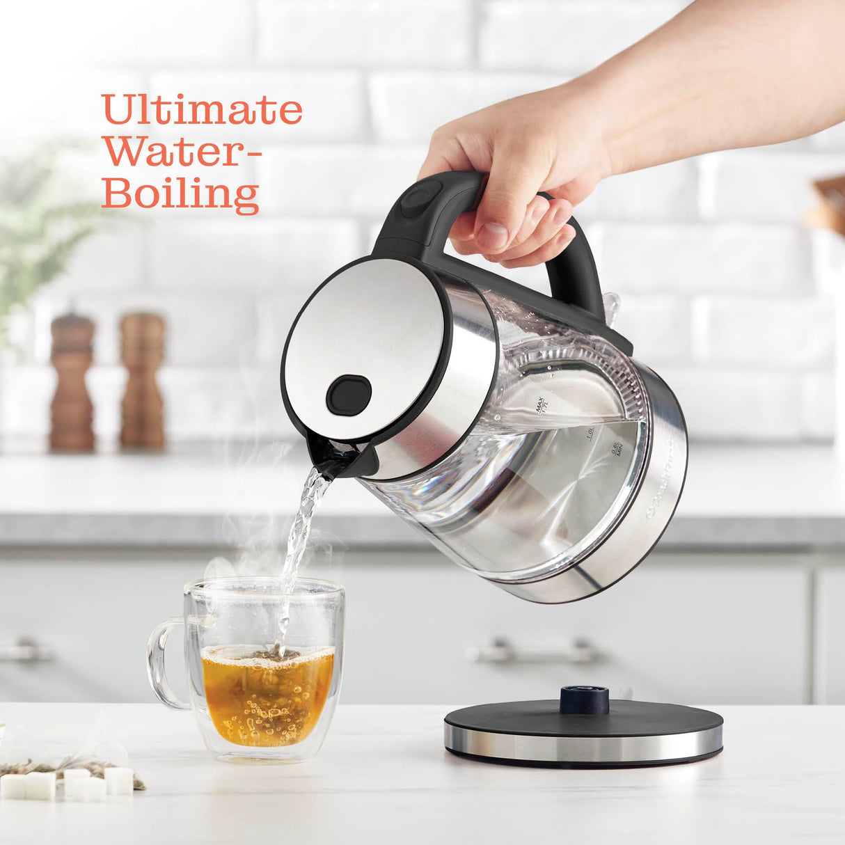 Speed-Boil Electric Kettle For Coffee & Tea - 1.7L Water Boiler 1500W, Borosilicate Glass, Easy Clean Wide Opening, Auto Shut-Off, Cool Touch Handle, LED Light. 360° Rotation, Boil Dry Protection Peach Street