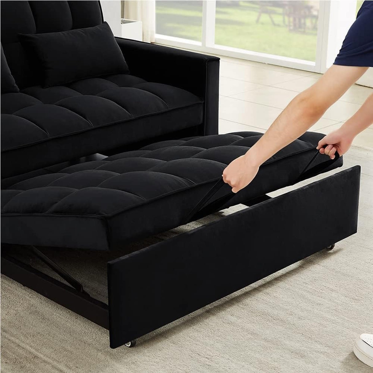 SumKea Pull Out Couch Bed Sleeper Sofa, Velvet 3-in-1 loveseat Sofa Bed with Pull-Out Bed, Two Throw Pillows, Balck SumKea