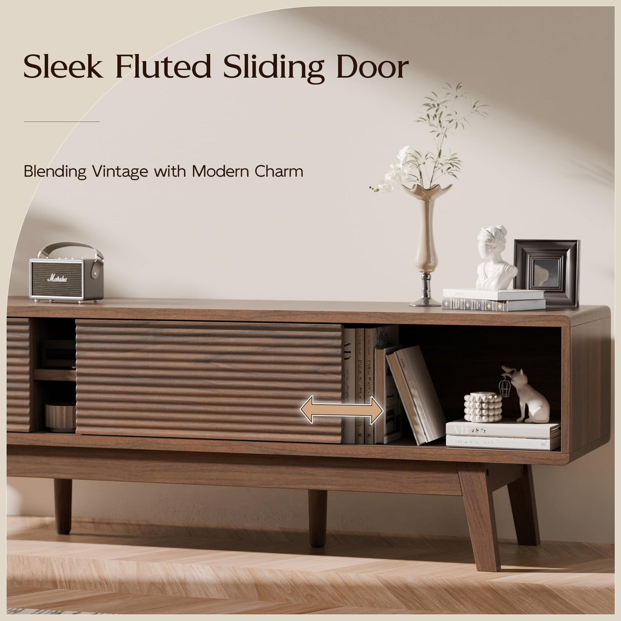 TOLEAD TV Console, Mid Century Modern Media Console for 55/60/65 Inch TV, Low Profile TV Stand with Fluted Sliding Doors, Boho Light Wood Credenza for Living Room (Walnut, 59") TOLEAD