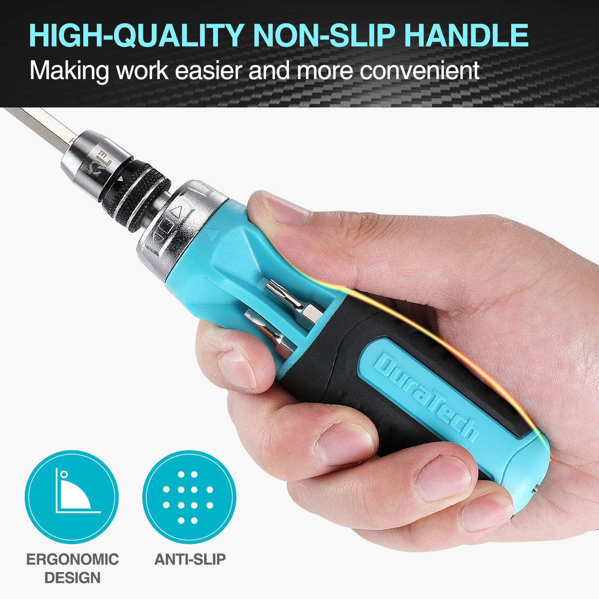 DURATECH Ratcheting Screwdriver, 12-in-1 Multi-bit Screw Drivers, Premium S2 Steel, Innovated Bits Quick-Load Mechanism, with Phillips, Slotted, Torx, Square Bits Stored in Handle DURATECH
