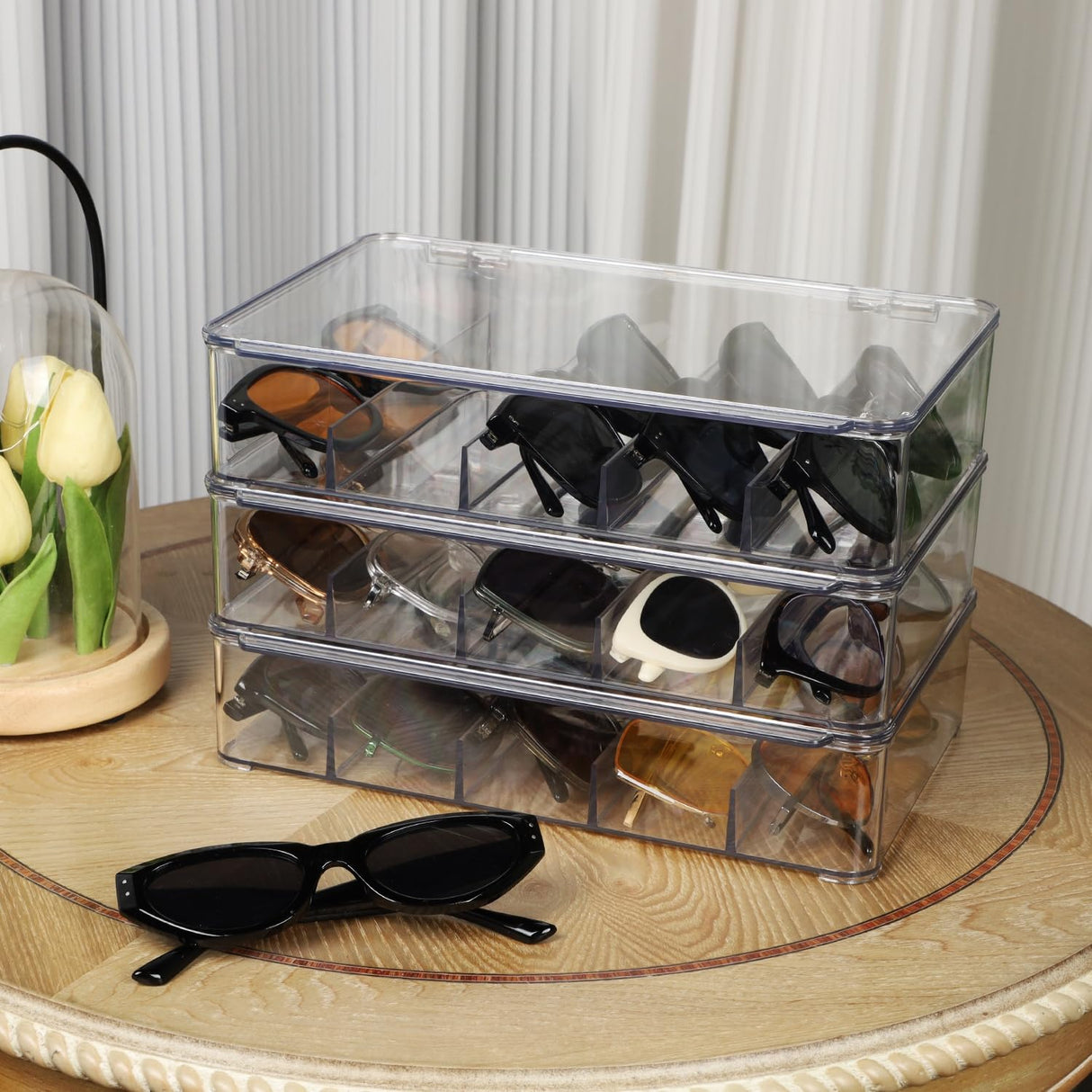 FORUP Sunglasses Organizer, Plastic Stackable Eyeglass Case Storage Organizer, Sunglass Glasses Storage Box with Hinged Lid, 5 Sections, 3 Pack, Clear FORUP