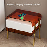 homary Modern Lighted Nightstand with Wireless Charging Station, Acrylic Shelves and Motion Sensor LED – Smart Bedside Table with Leather Drawer and Stainless Steel Legs homary