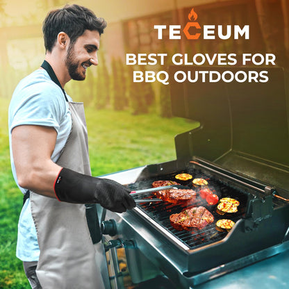 TECEUM BBQ Grill Gloves – Extreme Heat Resistant 1472 F – Extra Long Sleeve Protection – Non Slip Grip Oven Gloves for Barbecue, Grilling, Cooking, Smoking, Deep Frying, Rotisserie – XL Size