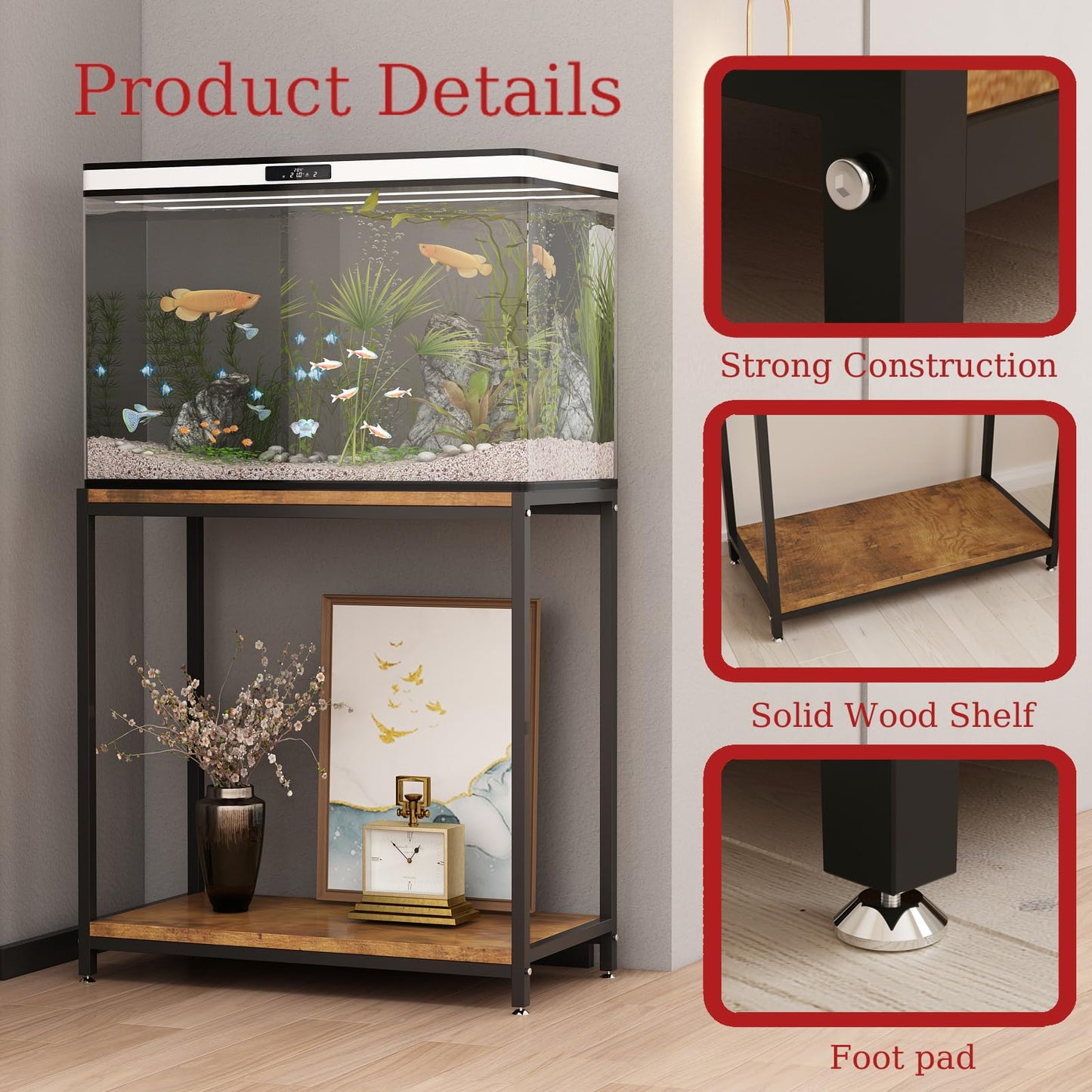 WOULHOMY Fish Tank Stand for 20 Gallon Aquarium, Black Metal Aquarium Stand with 2-Tier Shelves, Breeder Reptile Tank Stand for Home Office 26.96” x 15.74” x 33.26” - WoodArtSupply