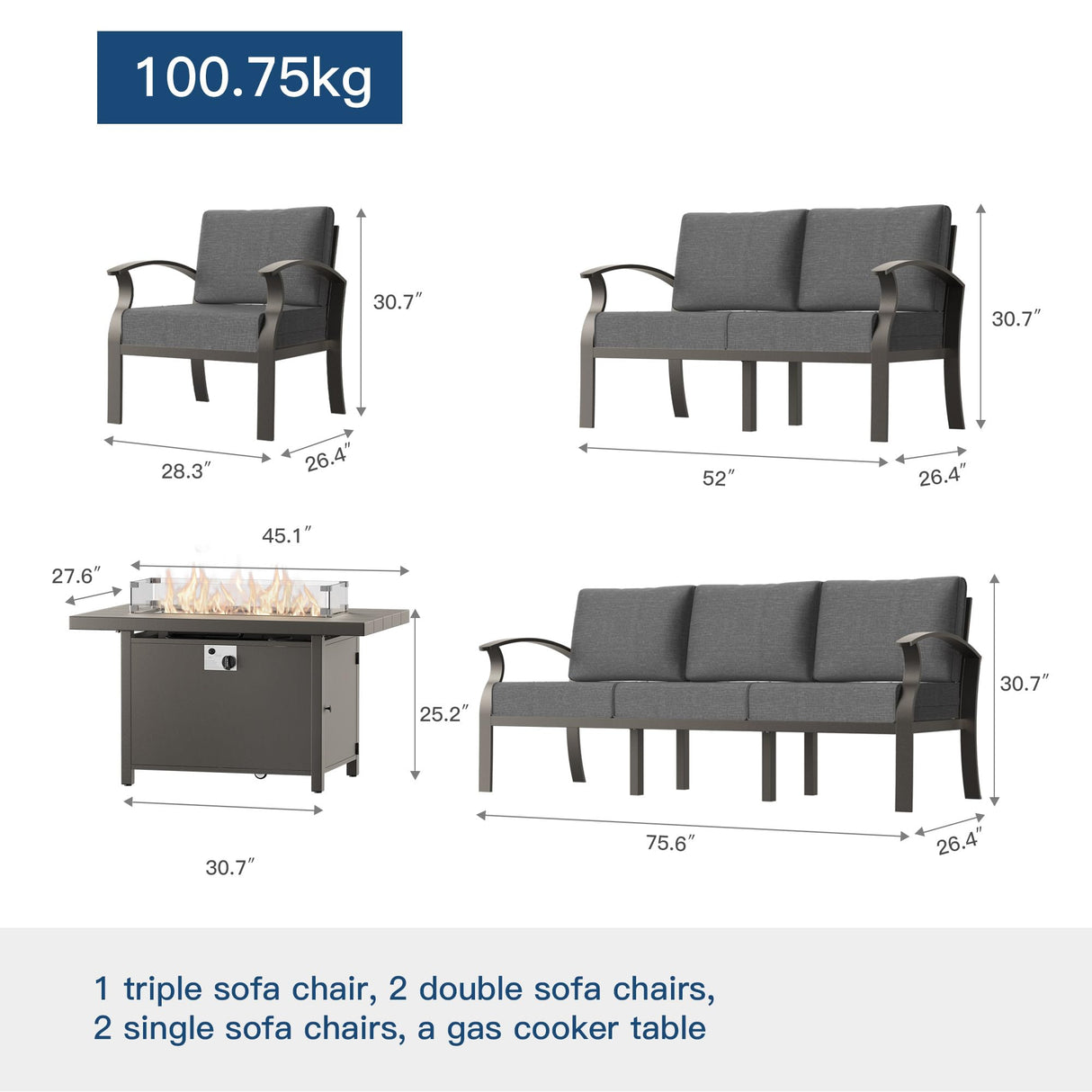 Kullavik Aluminum Patio Furniture Set,6 Pieces 9 Seat Metal Outdoor Furniture Conversation Set w/45 Propane Gas Fire Pit,Grey Kullavik