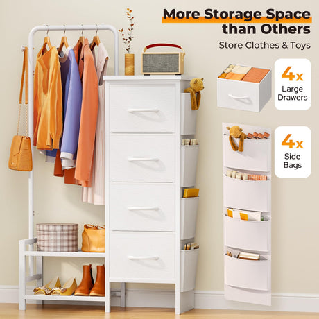 LZNIOZ Dresser with Hanging Rack - 52" Tall Clothes Rack with Drawers, 4 Drawers & 4 Side Bags, Fabric Chest of Drawers with with Bottom Shelves, Kids Dresser for Bedroom, Living Room-White LZNIOZ