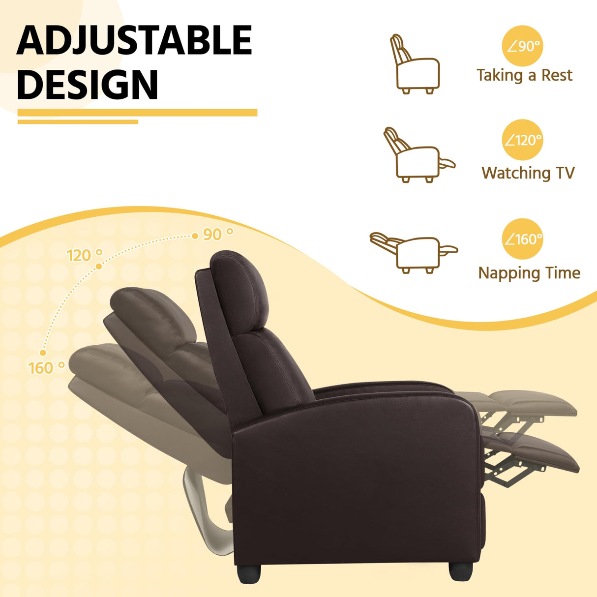 Yaheetech Recliner Chair Faux Leather Recliner Sofa Adjustable Modern Seat Club Chair Home Theater Seating Brown Yaheetech