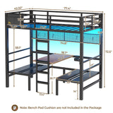 DICTAC Twin Over Twin Bunk Bed with Led Lights and Charging Station Convertible Loft Bed Twin Size with Desk and Seat Metal Bunk Bed with Desk & Safety Guard and Stair,Black(Cushion not Included) DICTAC