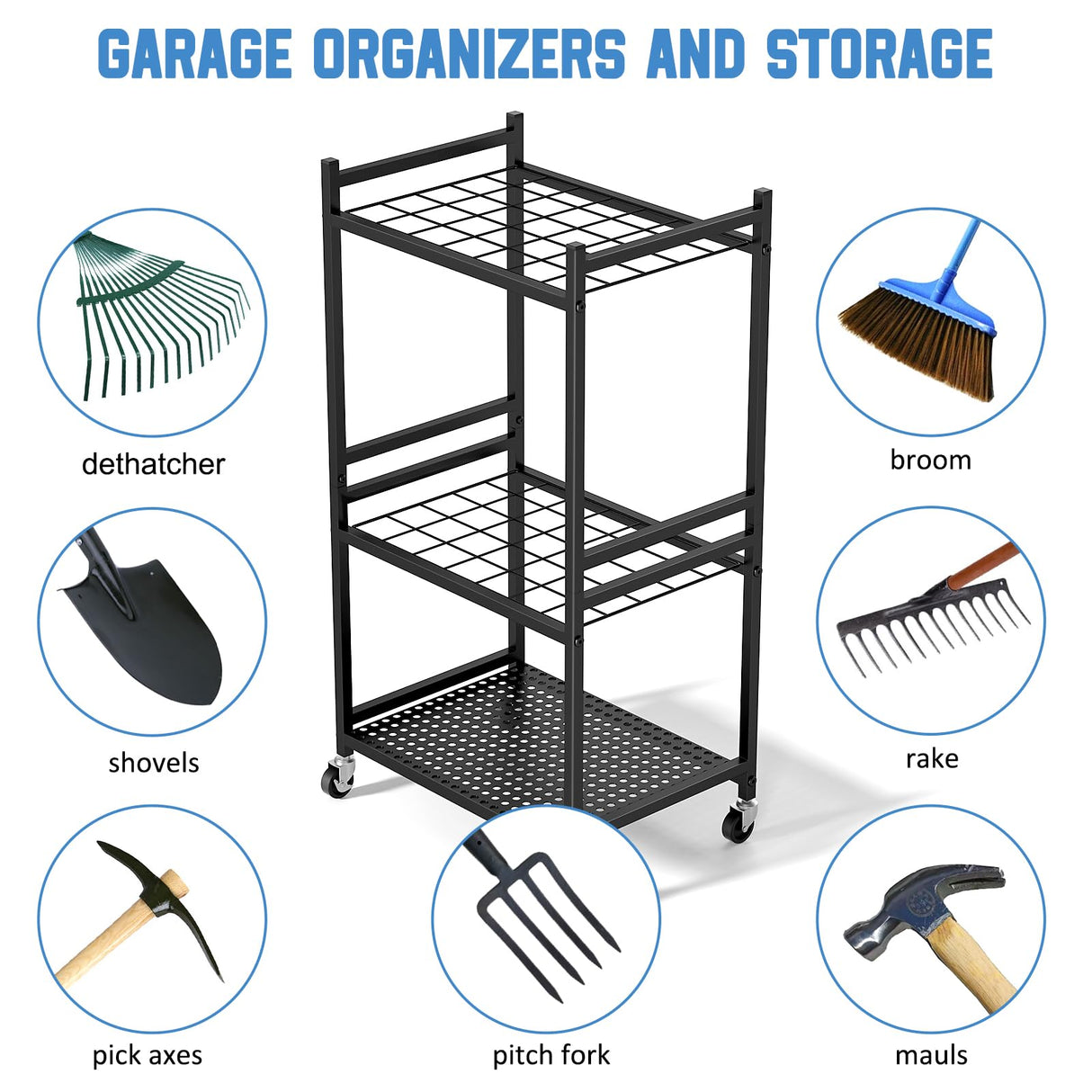 DAOUTIME Garden Organizer With Wheels, Yard Tower Rack for Garage Storage, Up to 35 Long-Handled Tools, Sturdy Metal Steel Holder With 3 Hooks, Outdoor, Black DAOUTIME