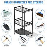 DAOUTIME Garden Organizer With Wheels, Yard Tower Rack for Garage Storage, Up to 35 Long-Handled Tools, Sturdy Metal Steel Holder With 3 Hooks, Outdoor, Black DAOUTIME