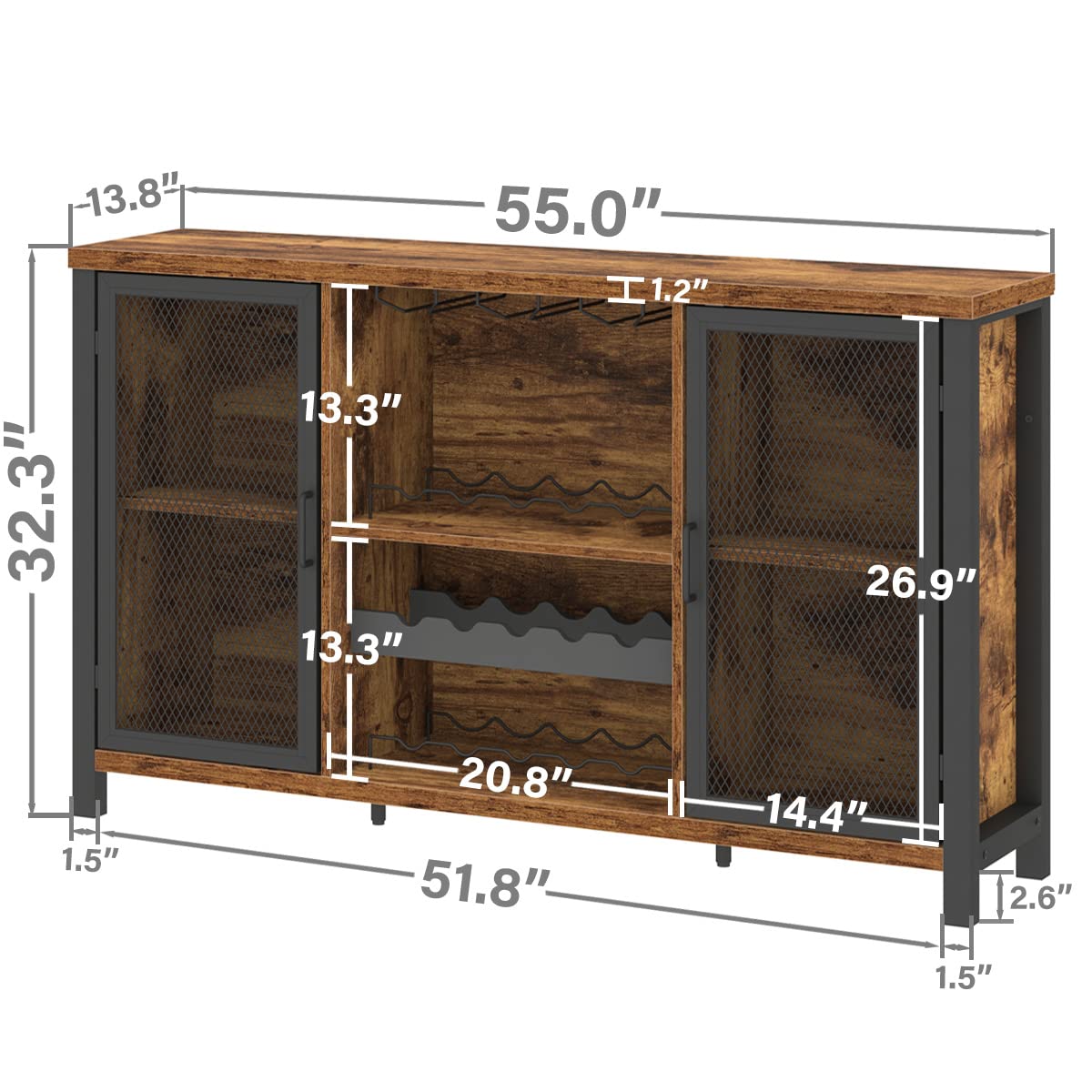 IBF Rustic Wine Bar Cabinet, Coffee Bar Cabinet for Liquor and Glasses, Farmhouse Wood Buffet Sideboard with Storage Rack, Wine Liquor Cabinet for Home Kitchen Dining Room, Rustic Brown, 55 Inch IBF