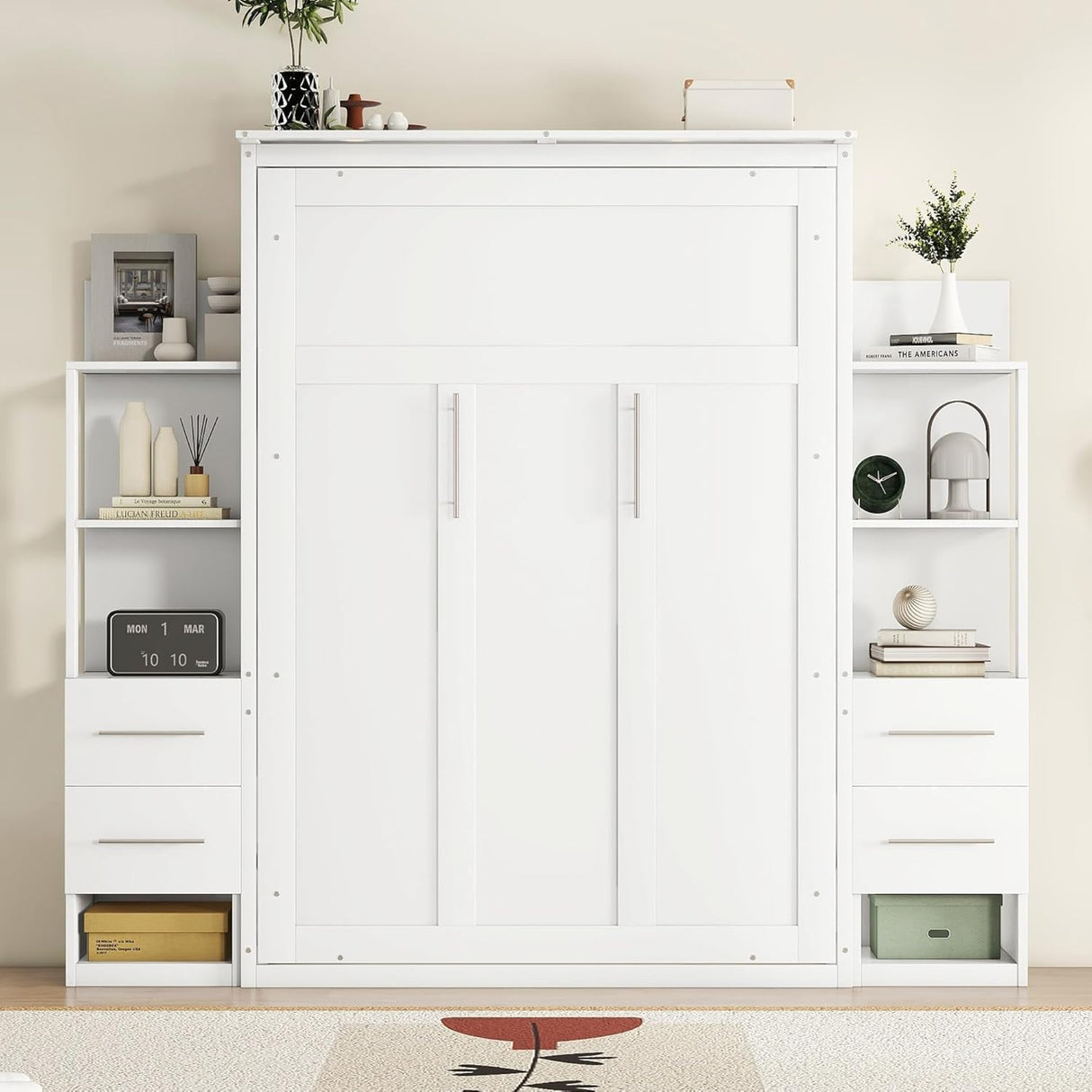 Queen Murphy Bed with Storage Drawers,LED Lights and Storage Bookcase Shelves,Wood Murphy Wall Bed Cabinet for Adults (White) MERITLINE