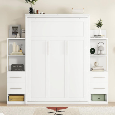 Queen Murphy Bed with Storage Drawers,LED Lights and Storage Bookcase Shelves,Wood Murphy Wall Bed Cabinet for Adults (White) MERITLINE