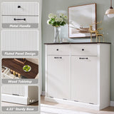 IFGET Modern Double Tilt-Out Trash Cabinet, 20 Gallon Fluted Laundry Hamper Cabinet with 2 Drawers, Wooden Hidden Garbage Can Cabinet with Storage Basket,Free Standing for Kitchen & Living Room, White IFGET