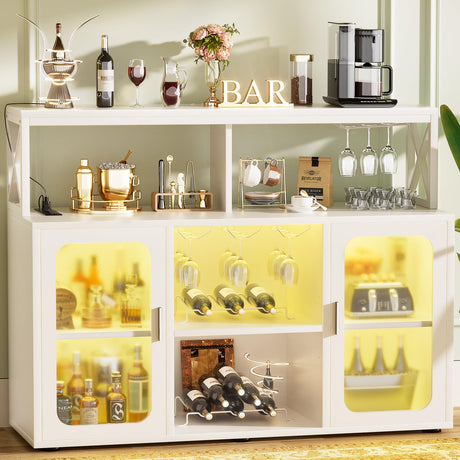 Aheaplus Bar Cabinet with Power Outlet, Liquor Cabinet with Led Lights and Glass Holders, Storage Buffet Cabinet Coffee Bar Cabinet for Liquor, Wine Cabinet with Racks for Home, Kitchen,-G2, White Aheaplus