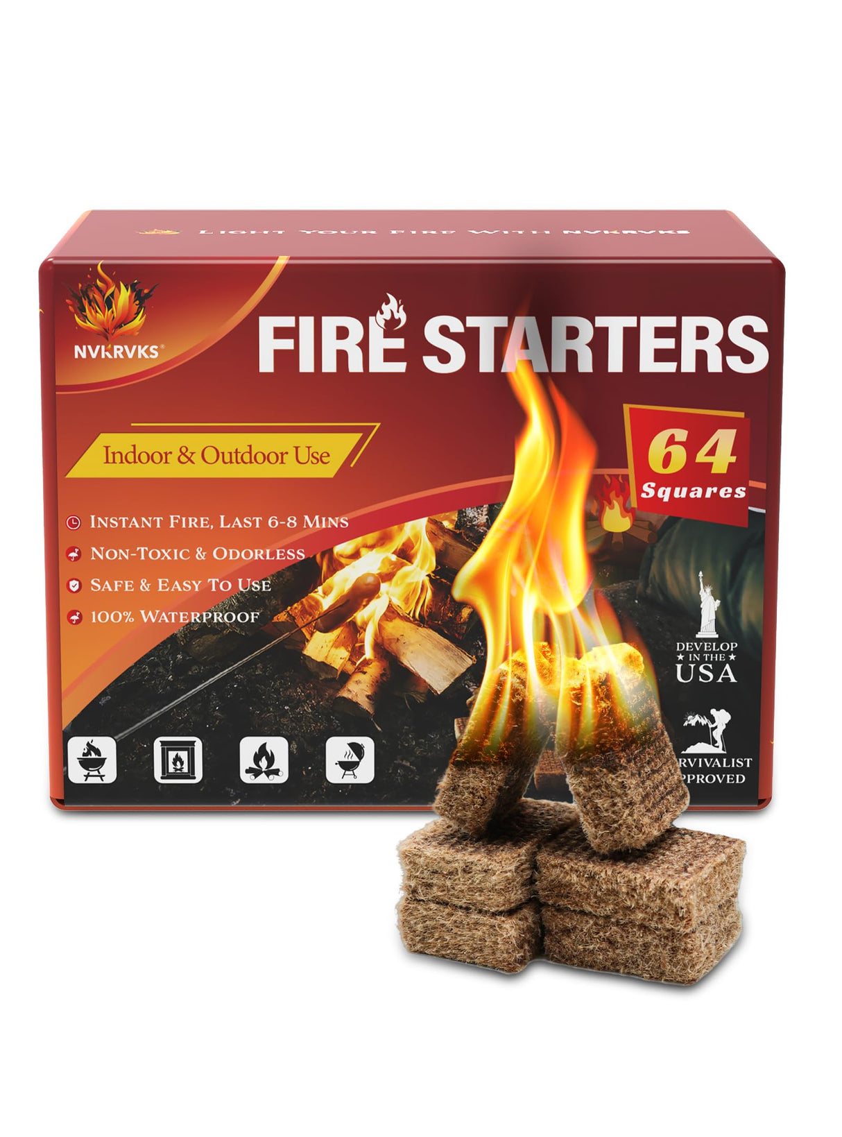 Nvkrvks Fire Starter, Easy-Burning Fire Starter Squares for Wood Stoves, Campfires, Grill Pit and Fireplace, Natural & Waterproof BBQ Fire Starters, 64 Mini Square Nvkrvks