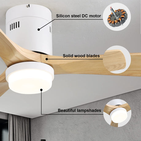 Sofucor 52 Inch Low Profile Ceiling Fan With Light 3 Carved Wood Fan Blade Modern Flush Mount Ceiling Fan Noiseless Reversible DC Motor Remote Control for Indoor/Outdoor Use (Natural Wood Color) Sofucor