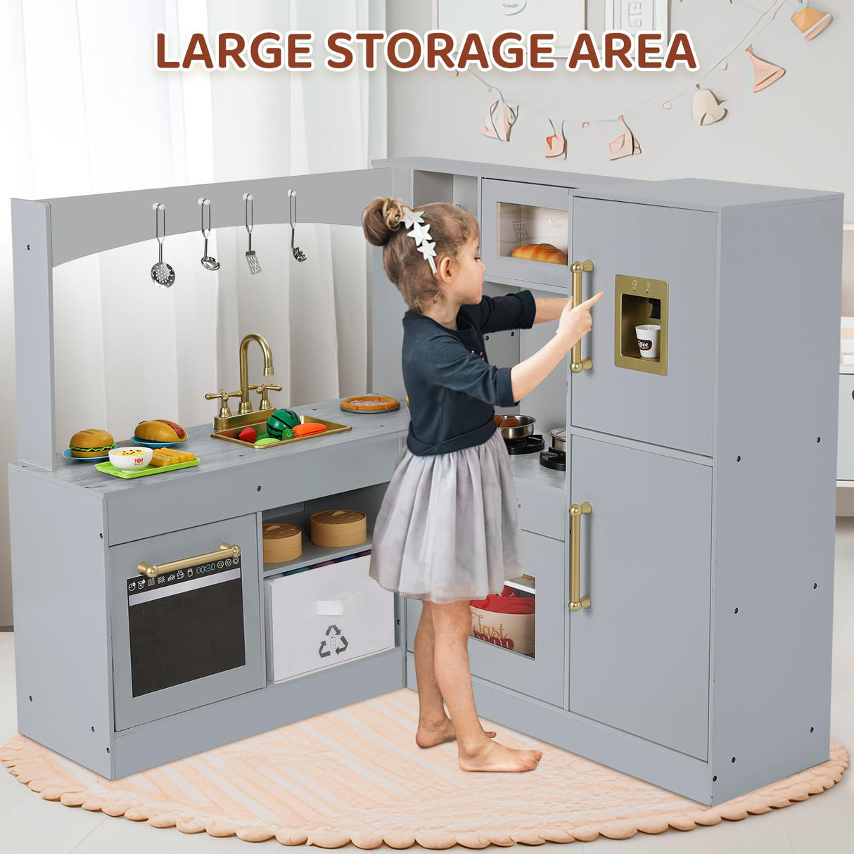 MAMIZO Corner Play Kitchen for Kids, Wooden Pretend Toy Kitchen, Large Toodler Cooking Playset w/Refrigerator, Stove w/Light & Sound, Disinfection Locker, Water Dispenser, Sink, Home Modern (Gray) MAMIZO