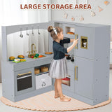 MAMIZO Corner Play Kitchen for Kids, Wooden Pretend Toy Kitchen, Large Toodler Cooking Playset w/Refrigerator, Stove w/Light & Sound, Disinfection Locker, Water Dispenser, Sink, Home Modern (Gray) MAMIZO
