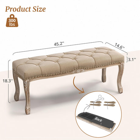 Cozyman Bedroom Bench, French Vintage Tufted Entryway Bench, 45.2" Carving Upholstered End of Bed Bench with Distressed Wood Legs, Linen Ottoman Seat for Living Room, Foyer, Dining Room, Wheat Cozyman