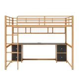Full Size Loft Bed with Desk and Storage Drawers, Metal Loft Bed with Bookcase and Charging Station, Full Size Loft Bed Frame with Guardrail, Full Loft Bed for Kids, Gold Black Loft Bed Full Bellemave