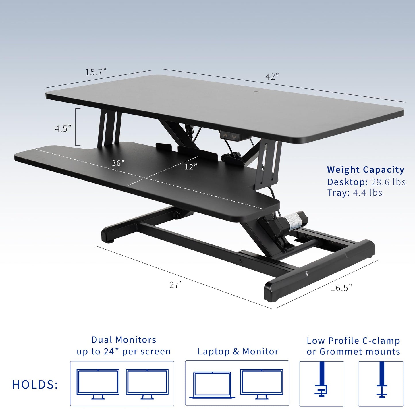 VIVO 42 inch Electric Motor Desk Converter, Height Adjustable Riser, Sit to Stand Dual Monitor and Laptop Workstation with Wide Keyboard Tray, Black, DESK-VE42B - WoodArtSupply