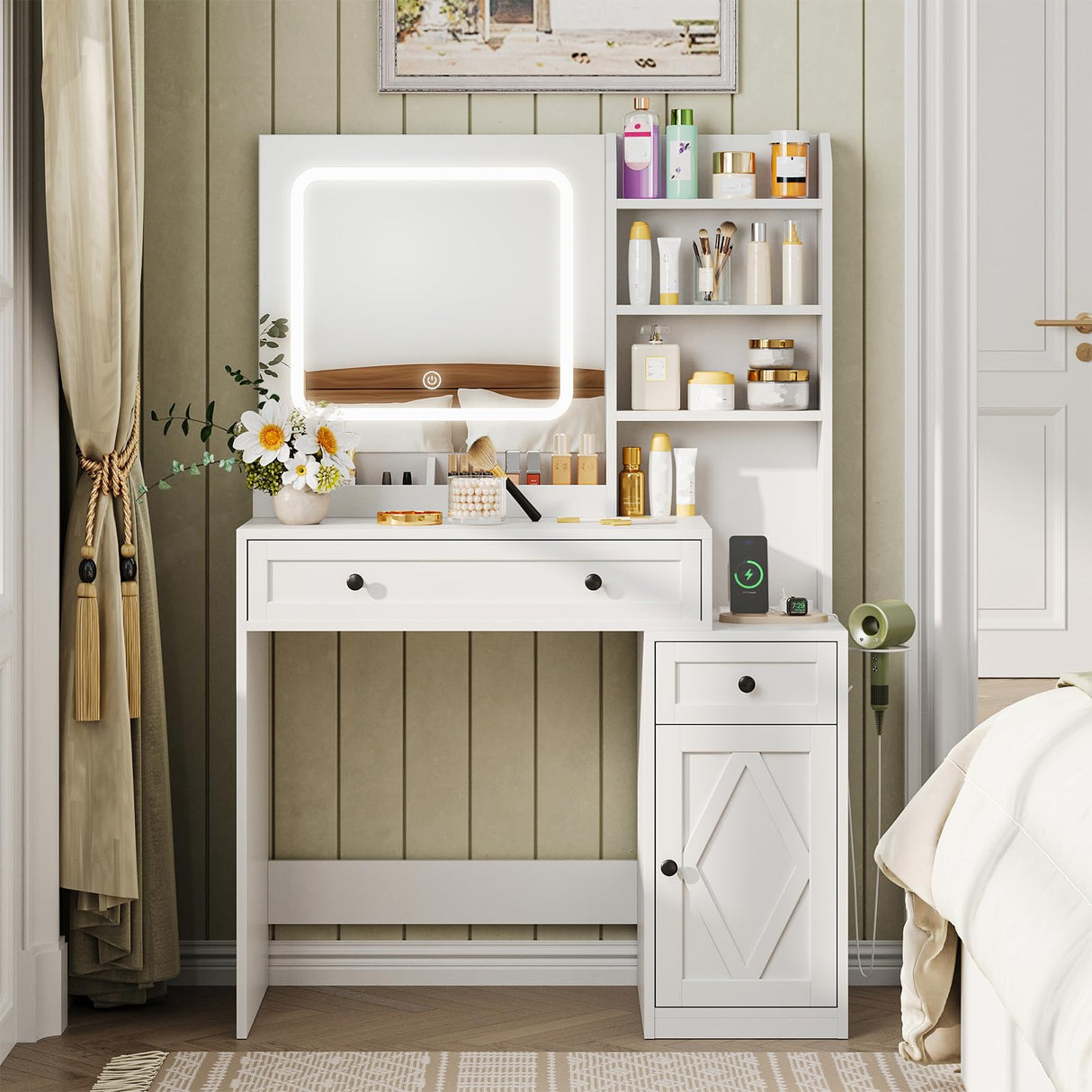 Vabches 35" Vanity Desk with Mirror and Lights, Farmhouse Makeup Vanity with Drawers & Power Outlet, Vanity Table with 3 Color Modes, Vanity Desk for Bedroom, White Vabches