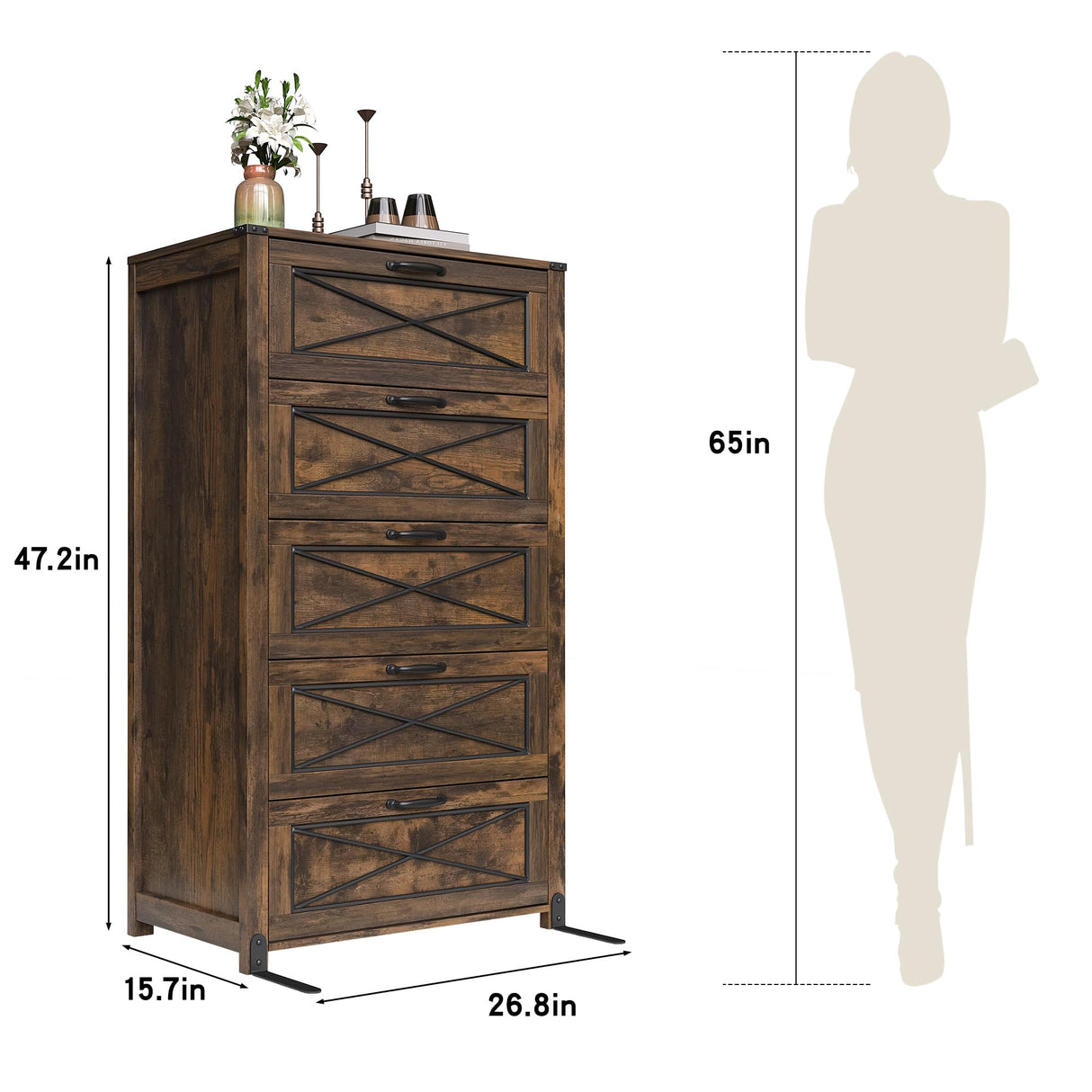Maupvit 5 Drawers Dresser for Bedroom，Farmhouse Tall Wooden Dresser & Chests of Drawers，Large Storage Organizer for Closet, Hallway, Entryway，Living Room (Brown) Maupvit