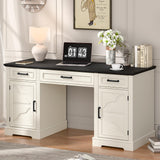 Vabches Executive Desk with Storage Drawers, Farmhouse Office Desk with Charging Station Wood Computer Desk with Ample Storage Cabinet, Rustic Home Wrting Desk with Drawers for Office, White Vabches