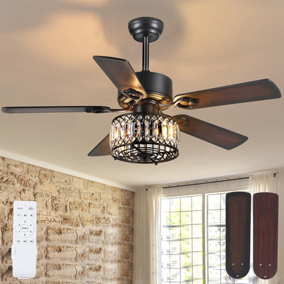 Kviflon Farmhouse Ceiling Fans with Lights and Remote, 48 Inch Indoor Chandelier Ceiling Fan with Light, Crystal Fandelier Ceiling Fans for Living Dining Room Bedroom, Wood Blades, Quiet, Black