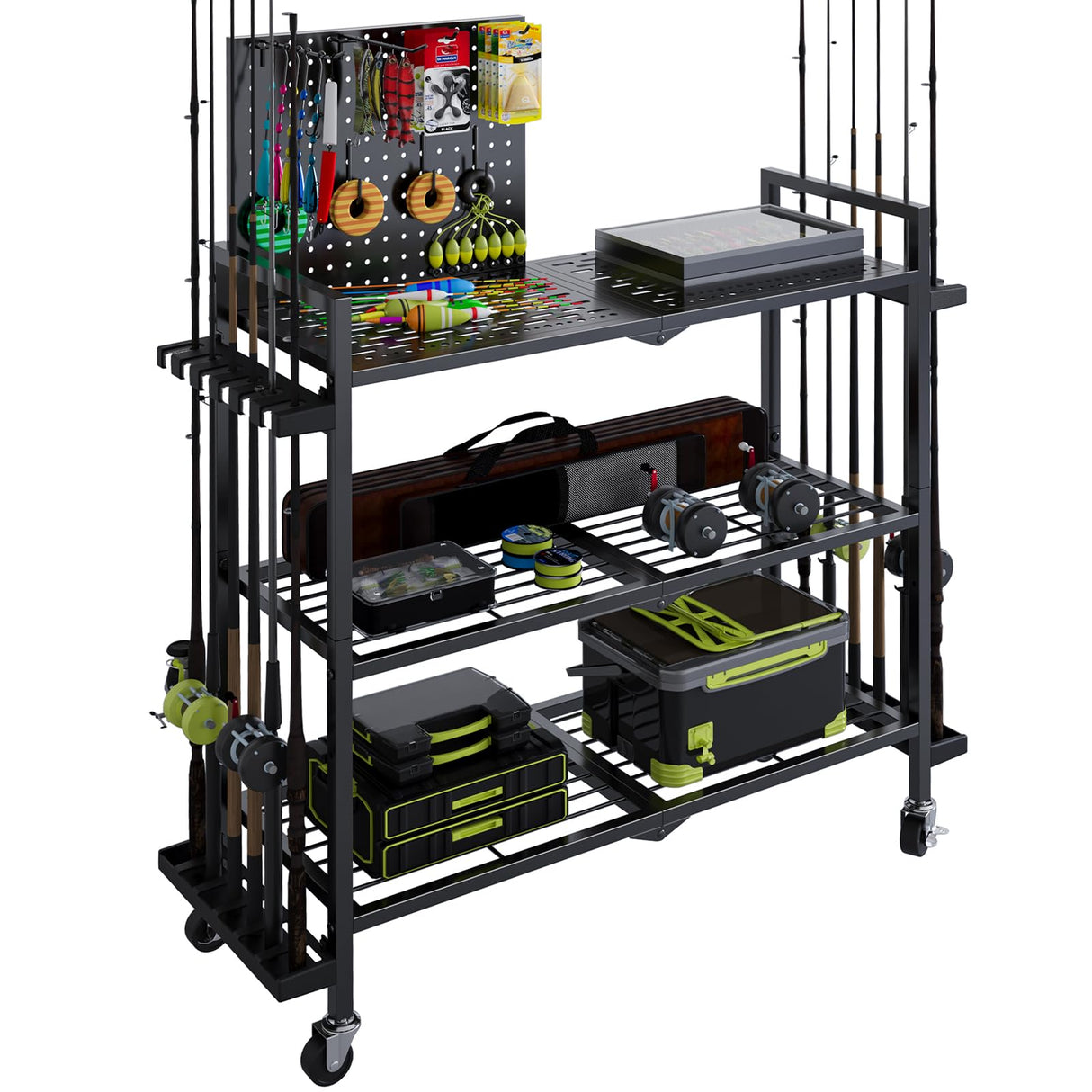 Fishing Rod Holders for Garage, Fishing Rod Stand with Wheels and Pegboard, 3-Tier Pole Storage Rack with 12 Rod Slots, Ideal for Tackle, Backpacks, and Gear Black SEEAHEAD